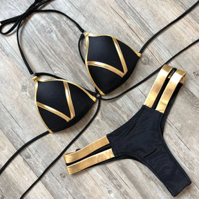 Biquíni Moda Praia Preto e Dourado em Tiras